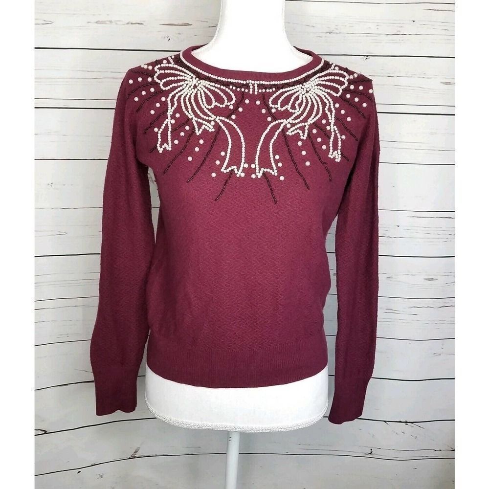 Anthropologie Field Flower Maroon Beaded Sweater